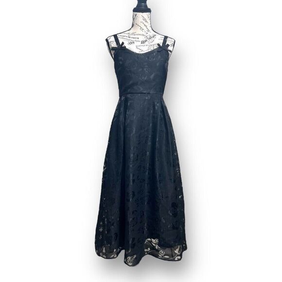 Lulus Flirtatious Crush Black Burnout Floral Pleated Bow Midi Dress Whimsygoth S - Picture 2 of 11